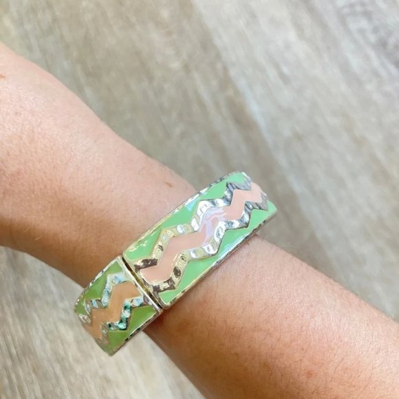 Mint green & peach stretchy silver bracelet - Picture 4 of 5